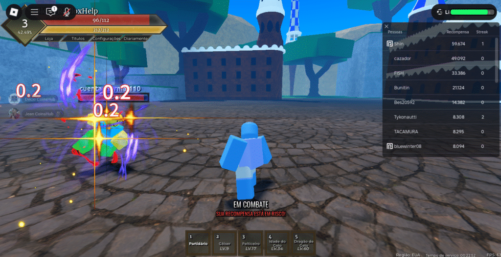 Gameplay IMPACT CAMPO DE BATALHA DE FRUTAS Roblox com frutas lendárias.