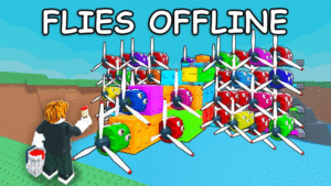 Uma imagem do jogo Roblox Construa um Avião mostrando um personagem com um pincel na mão, pronto para pintar um avião feito de diversos blocos coloridos e hélices. O título "FLIES OFFLINE" está em destaque na parte superior.