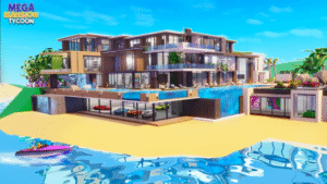 Imagem de divulgação do jogo Mega Mansão Tycoon, com uma mansão de luxo moderna e uma piscina