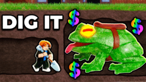 imagem de roblox dig it, personagem escavando, tesouros, pets, robux