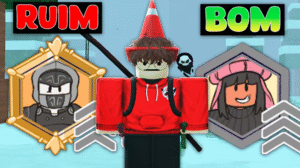 Imagem mostrando um avatar do Roblox com as classes Cyborg, Ferreiro e Assassino, representando as melhores classes do jogo 99 Noites na Floresta.